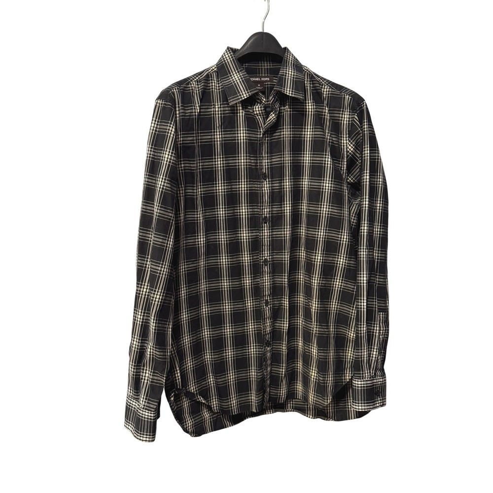 Michael Kors Mens Black‎ White Plaid Long Sleeve Button Down Cotton Shirt Size M